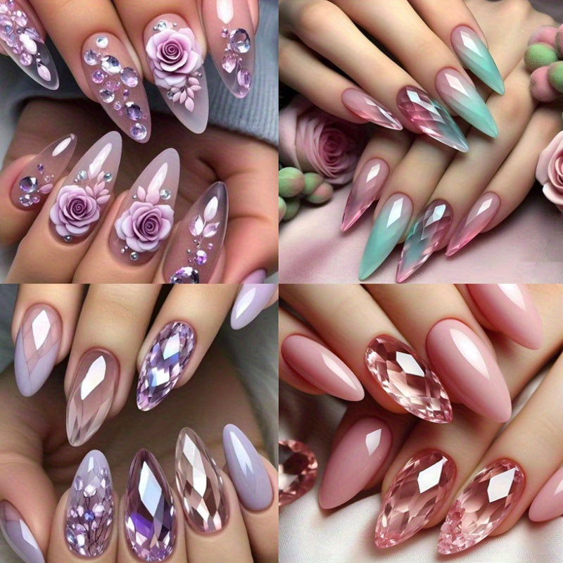 96PCS (4 PACK) Press in Almond Nail Set - Medium Length Purple and Pink Tones with Floral Patterns, Glossy Detachable Nail Tips, Suitable for Fashionable Autumn and Winter Styles